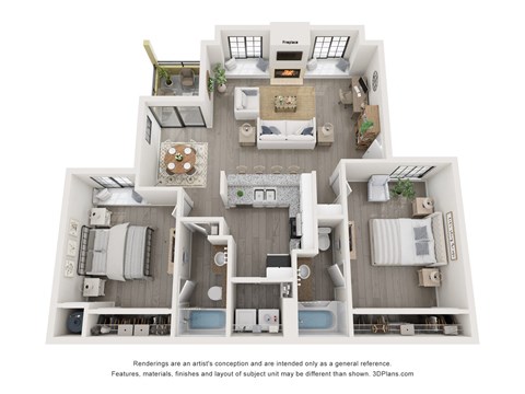 Floor plan for 2 beds, 2 baths, 1070 sqft